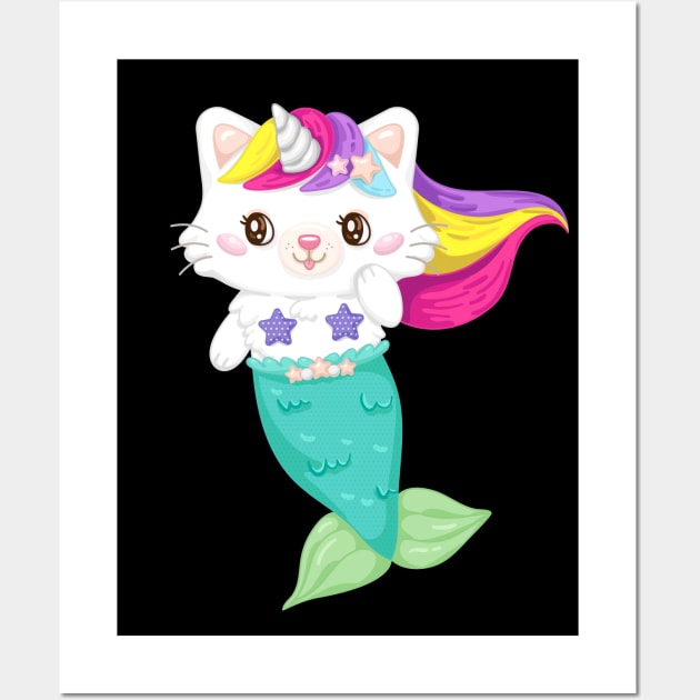 Cute mermaid cat magical Wall Art by HamilcArt